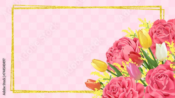 Obraz 薔薇とチューリップとミモザの花束　ブーケ　背景素材　和柄　市松模様　伝統文様　お祝い　入学　卒業　入社　和風　おしゃれ　エレガント　16:9