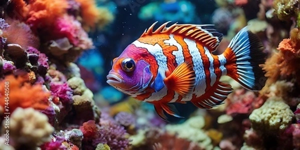 Obraz Colorful fish swims among colorful corals.