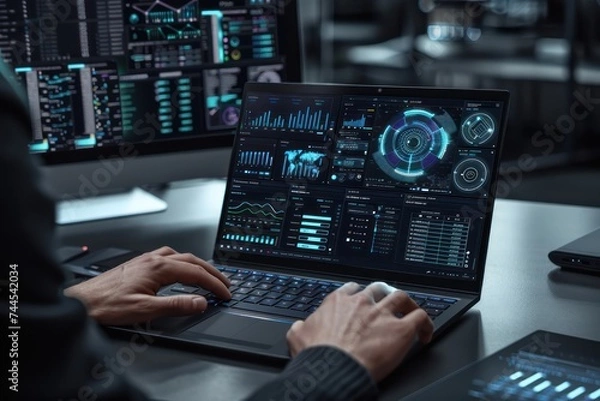 Fototapeta Hands working on a laptop. Data communication and technology concept.