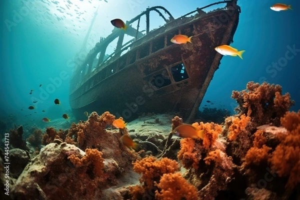 Fototapeta Shipwreck overgrown with coral, framed by schools of small fish