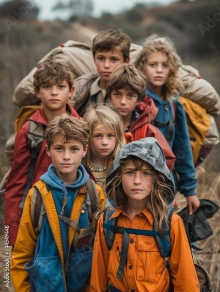 Fototapeta Group of Children With Backpacks Standing in a Field