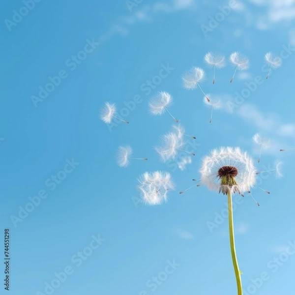 Fototapeta Dandelion with seeds against the blue sky. Nature background.