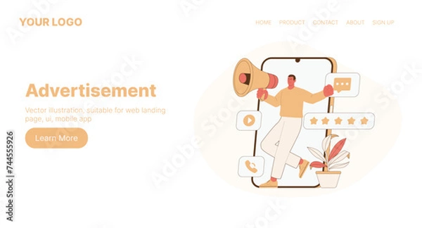 Fototapeta Advertisement. Web Landing Page Design. Flat Cartoon Vector Illustration. Vector illustration, suitable for web landing page, ui, mobile app