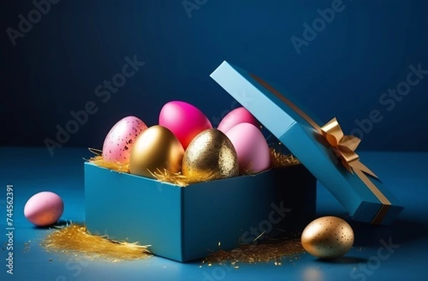 Fototapeta Easter eggs in a box on a blue background greeting card