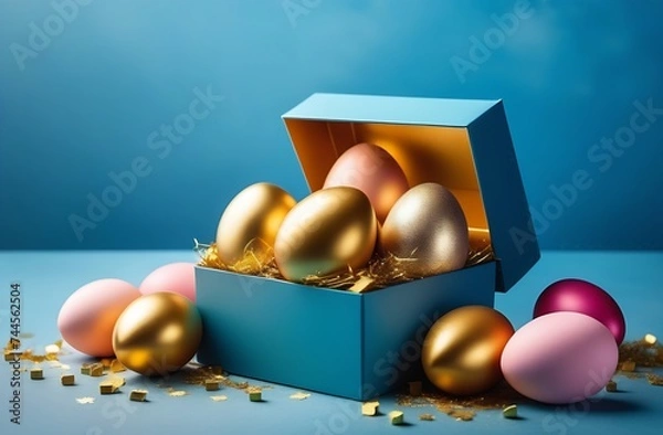 Fototapeta Easter eggs in a box on a blue background greeting card