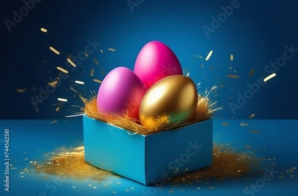 Fototapeta Easter eggs in a box on a blue background greeting card