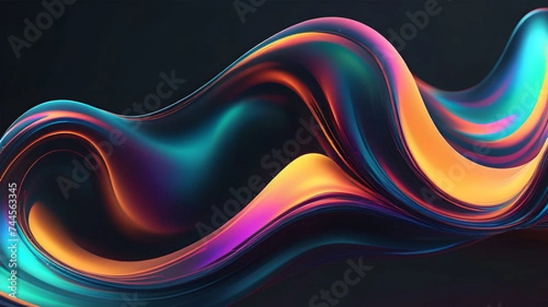 Fototapeta Abstract liquid glass holographic iridescent neon curved wave in motion dark background 3d render. Gradient design element for banners, backgrounds, wallpapers and covers.