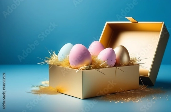 Fototapeta Easter eggs in a box on a blue background greeting card
