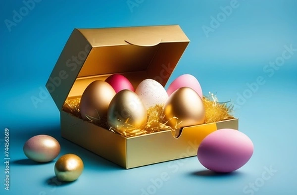 Fototapeta Easter eggs in a box on a blue background greeting card