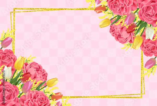 Obraz 薔薇とチューリップとミモザの花束　ブーケ　背景素材　和柄　市松模様　伝統文様　お祝い　入学　卒業　入社　メッセージカード　和風　おしゃれ　エレガント
