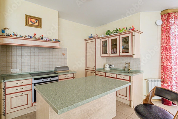 Fototapeta interior kitchen and dining room, refectory area, cooking equipment, table furniture, stove