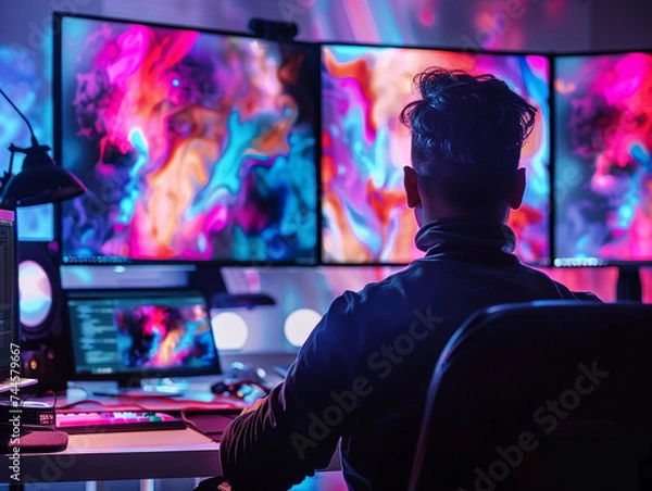 Fototapeta Digital artist creating NFTs in a virtual studio screens showcasing vibrant digital art pieces bathed in soft light