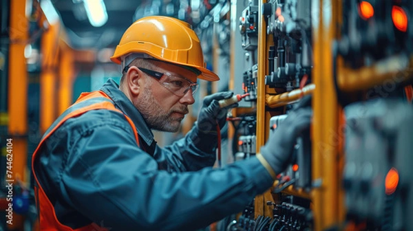 Fototapeta A facility manager conducting a routine inspection on a transformer, using tools and safety gear. Generative AI.