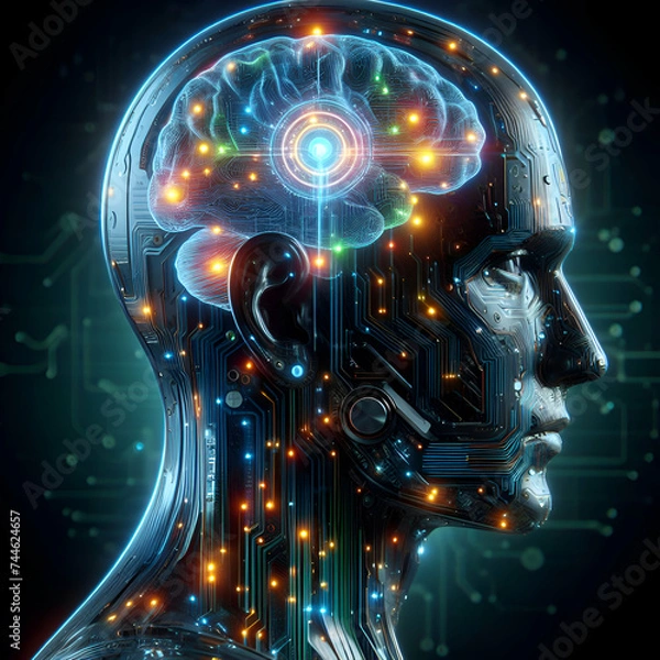 Fototapeta Cybernetic Odyssey Navigating Circuit Cyberspace in Neon Lights as the Futuristic Cyborg