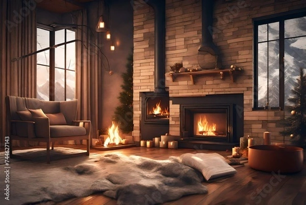 Obraz fireplace with christmas decorations