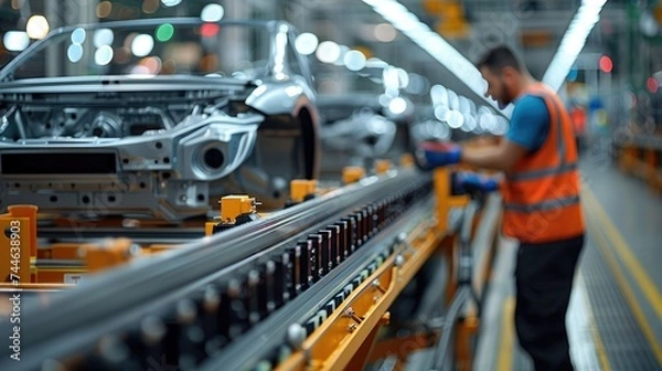 Fototapeta A worker on an assembly line working at industrial factory. Generative AI.