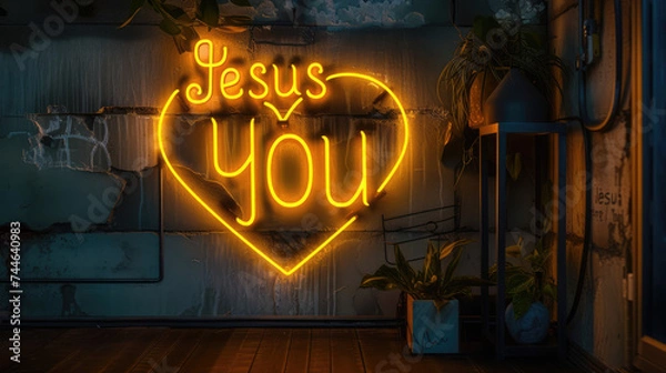 Fototapeta Illuminated Yellow Neon Sign Declaring Jesus Loves You, with Heart Shape Symbol / Icon and Dark Grey Wall Background and Dim Lighting