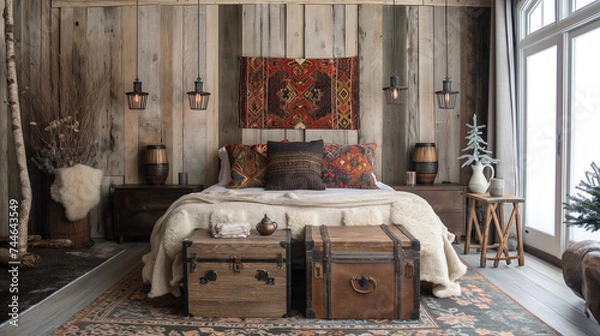 Fototapeta Cozy Rustic Cabin Bedroom with Plush Bedding and Nature-Inspired Decor
