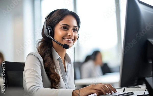 Obraz Operatrice Call Center indiana sorridente che lavora