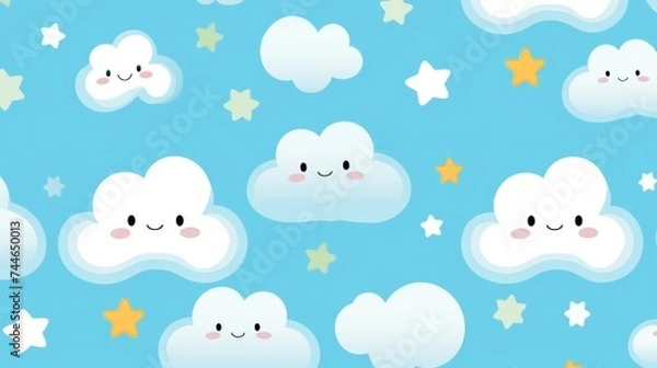 Fototapeta Whimsical kawaii cloud pattern ideal for kids  apparel and accessories, adding a playful touch.