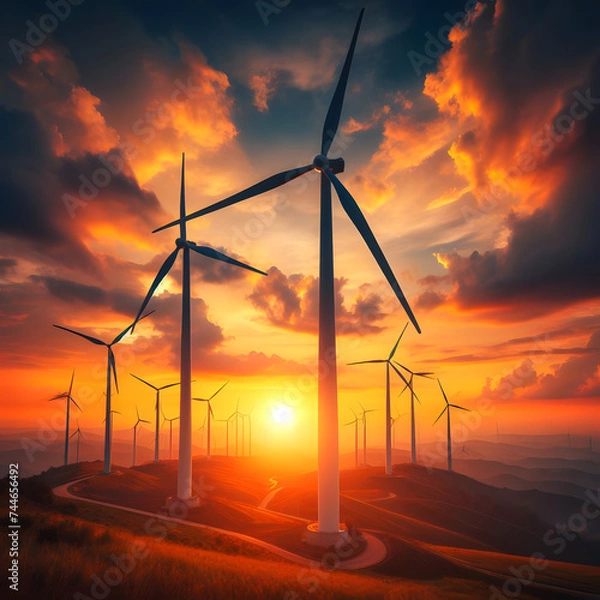Fototapeta Silhouetted wind turbines harness kinetic energy from the wind during the sunset, illustrating a sustainable approach to power generation. 