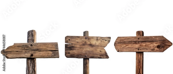 Fototapeta Collection of wooden direction signs with poles, isolated on white or transparent background