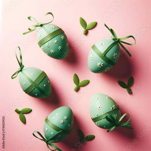 Obraz Vibrant Easter joy blooms with 5 green eggs on a pretty pink backdrop, radiating festive cheer—a delightful spring tableau of renewal and colorful celebration.