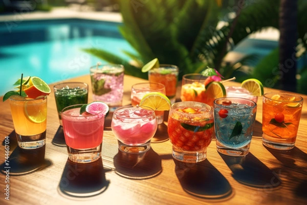 Fototapeta Savor the essence of summer with this vibrant array of poolside cocktails