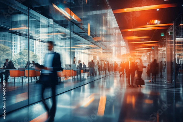 Fototapeta White corporate office with people walking in motion blur. Generative AI