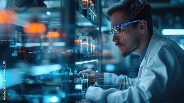 Fototapeta Double exposure of an engineer and an EV car factory, showcasing the manufacturing process