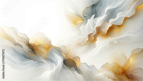 Obraz Abstract fluid flowing art by alcohol ink white tone and gold with copy space text. For banner, background in concept luxury, dreamy, heaven.