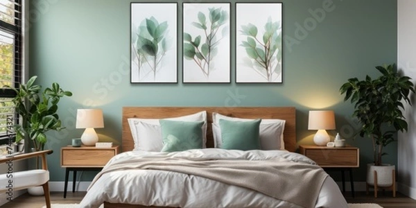 Fototapeta Stylish Rectangular Picture Frame Mockup in Bright Bedroom with Baby Green Bedcovers