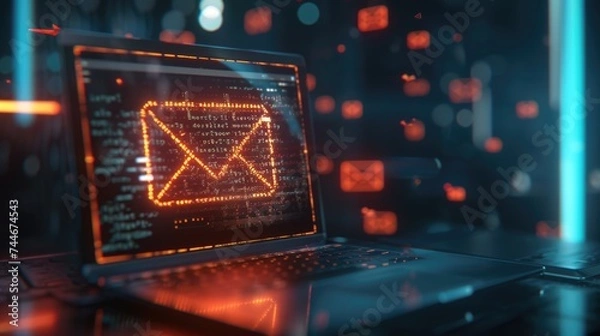 Obraz Email Security Warning: Phishing Alert.  A laptop screen highlights a digital envelope with a warning sign, indicating the risk of phishing via email.