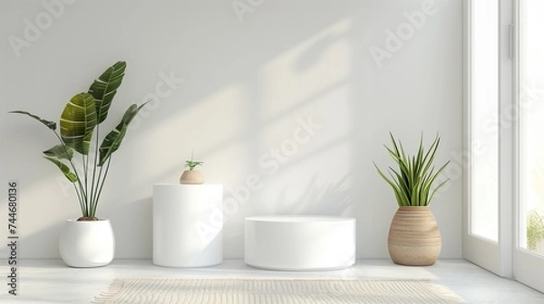 Fototapeta 3D Product Presentation: Bright White Studio Backdrop with Floral Shadows and Copy Space