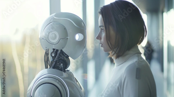 Fototapeta A white robot and a woman look at each other.