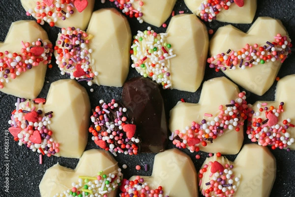 Fototapeta Assorted Heart-Shaped Cookies Covered in Colorful Sprinkles