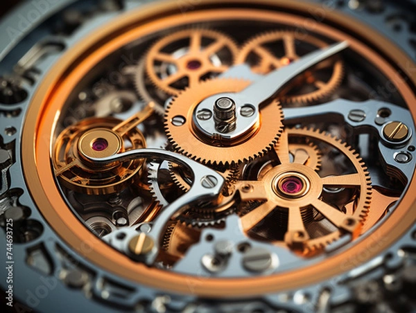 Fototapeta Macro photography captures the texture and tiny details of interconnected mechanical gears.