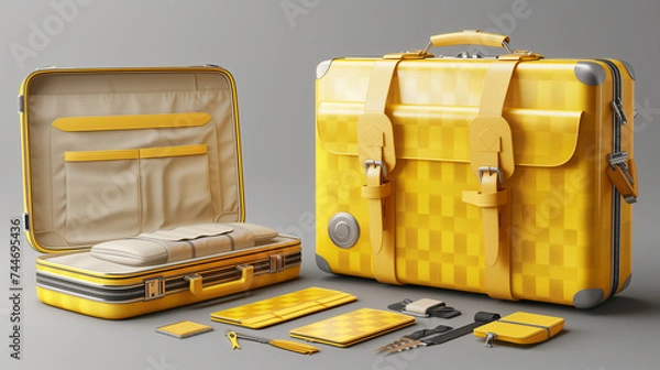 Fototapeta Big yellow travel suitcase, png file of isolated cutout object with shadow on transparent background , Ai generated image