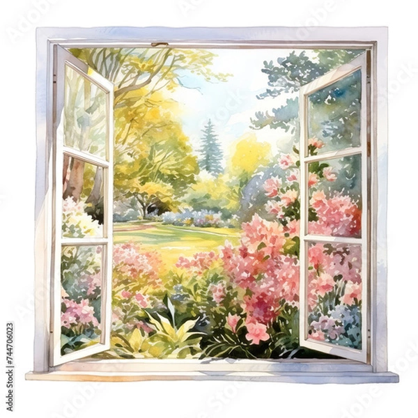 Fototapeta Window with blooming flowers view. Open window to the spring garden. watercolor illustration Generative AI.