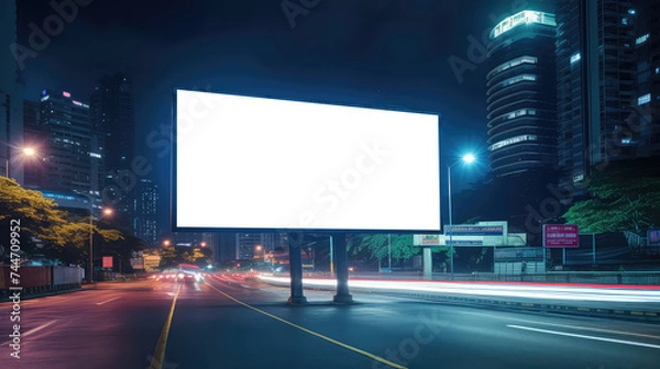 Obraz Blank billboard on the highway during the twilight with city background with clipping path on screen.- can be used for display your products or promotional