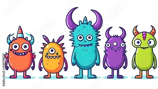 Fototapeta Cute abstract cartoon characters set. Bundle of different types of colorful monsters with simple shapes. Mascots expressing emotions. childrens illustration in flat design isolated collection