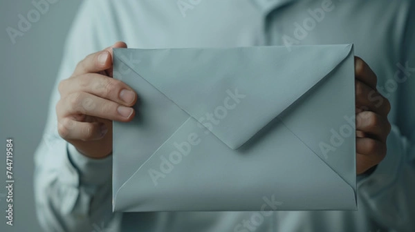 Fototapeta Close up image of a man holding a blank white envelope with copy space