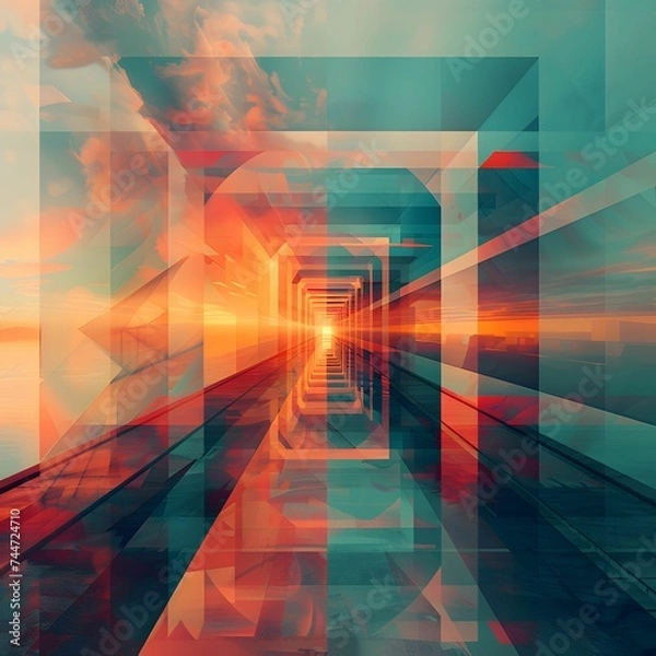 Fototapeta Abstract Geometric Corridor with Sunset Backdrop