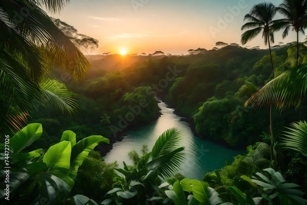 Obraz a lush tropical jungle scene at sunset,