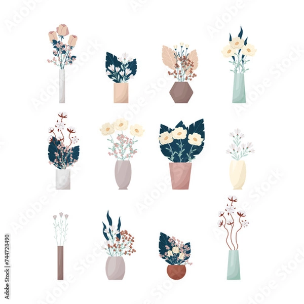 Fototapeta A large set of flowers in boho style vases. Composition of flowers vector illustration. Bouquets of tricots, cotton, various decorative leaves and twigs.