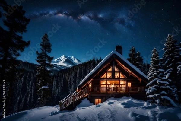 Obraz a mountain chalet surrounded by tall pine trees, with a wooden deck,