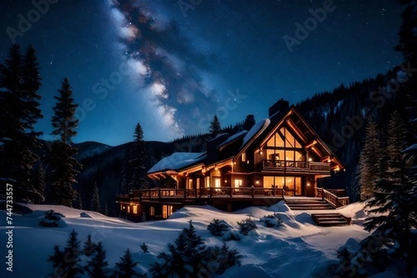 Obraz a mountain chalet surrounded by tall pine trees, with a wooden deck,