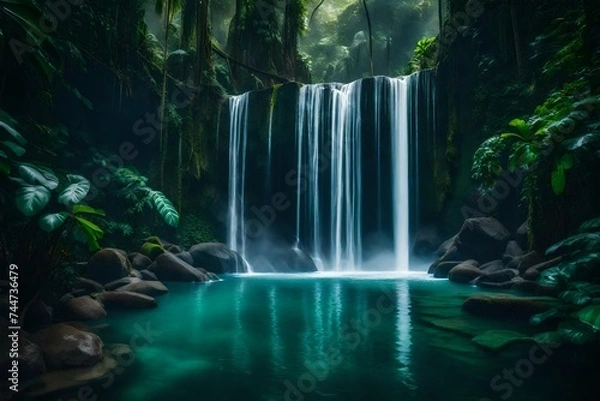 Fototapeta In the heart of a dense jungle, a powerful waterfall crashes down into a crystal clear pool below