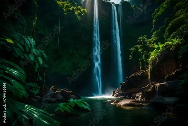 Obraz In the heart of a dense jungle, a powerful waterfall crashes down into a crystal clear pool below