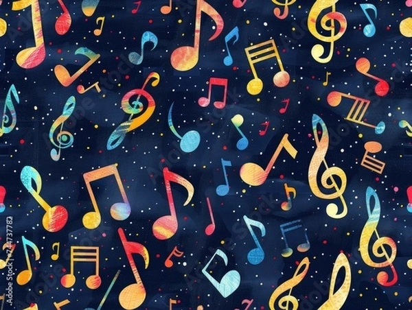 Fototapeta Vibrant music notes and symbols dance across a dark, starry space-inspired backdrop, creating a cosmic musical theme.
